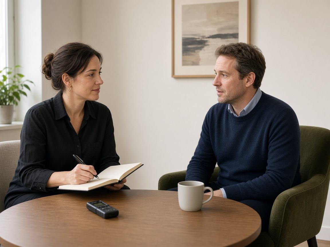 Two researchers conducting a structured B2B customer interview